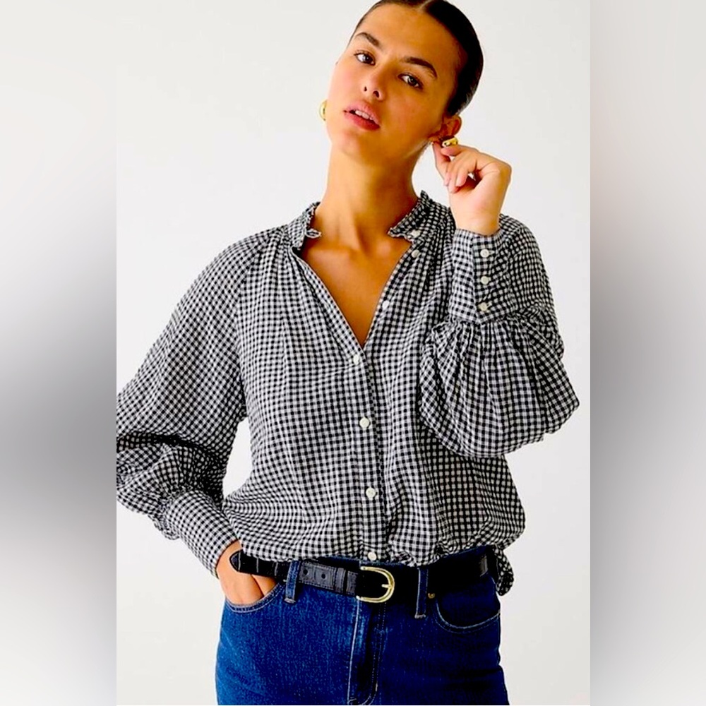 J Crew Ruffleneck Button-Up Shirt Plaid Soft Gauze